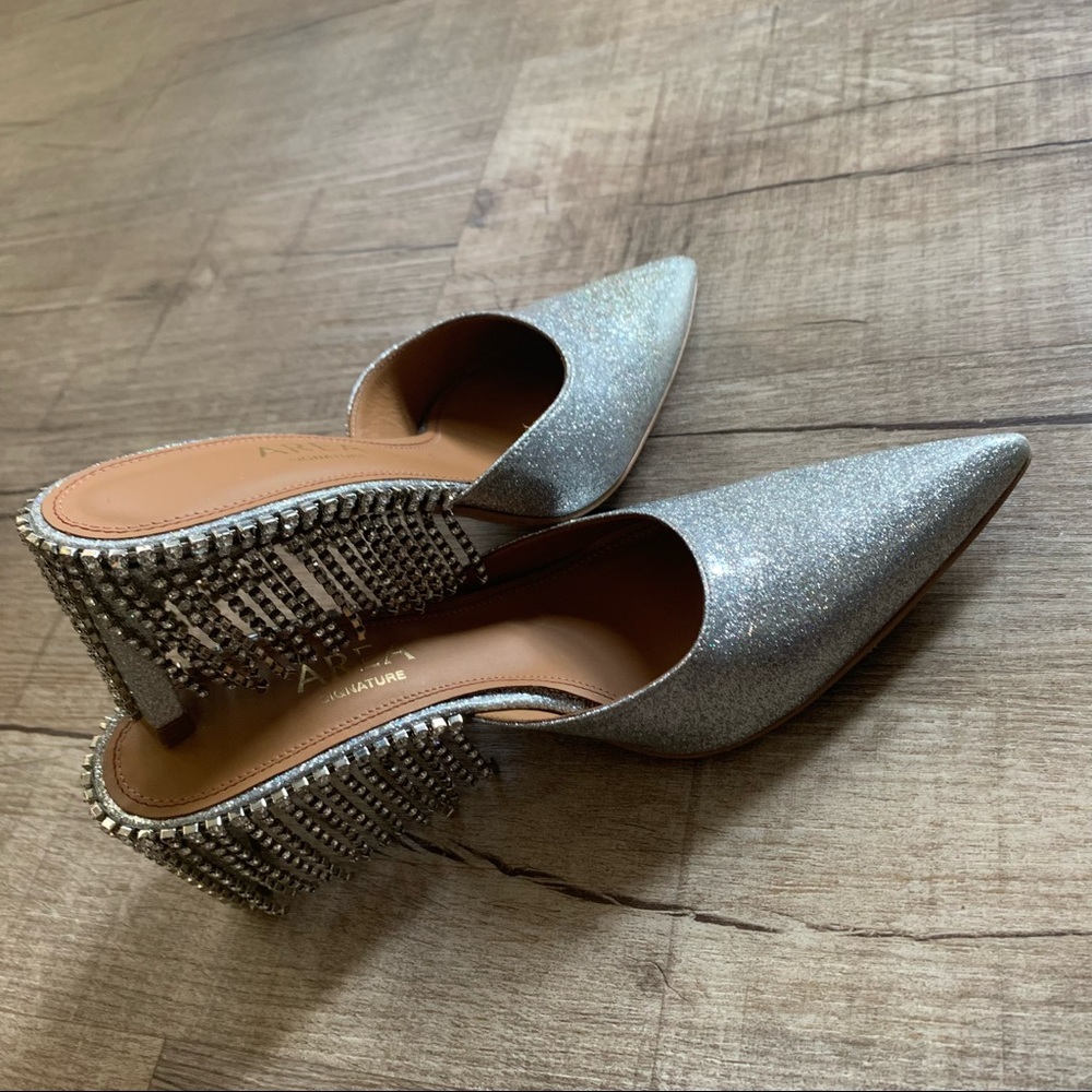 Area Signature Crystal Fringe Kitten heels